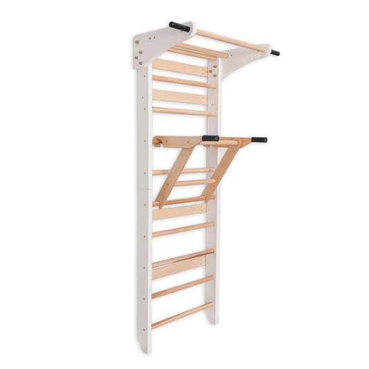 Sprossenwand mit Klimmzugstange & Barren für Kinder und Erwachsene – Holz-Kletterwand (Weiß)